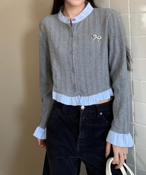 LACーVERT カーディガン リボンブローチ付きシャツ切替ニットソー
