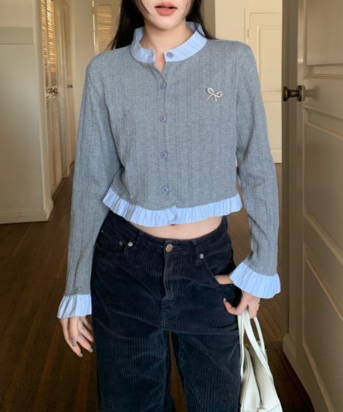 LACーVERT カーディガン リボンブローチ付きシャツ切替ニットソー