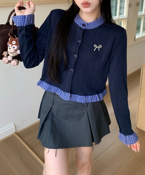 LACーVERT カーディガン リボンブローチ付きシャツ切替ニットソー