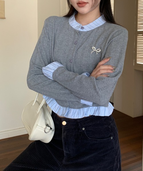 LACーVERT カーディガン リボンブローチ付きシャツ切替ニットソー