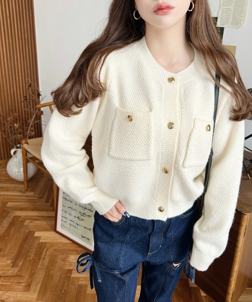 【美品】24SS✨ANAYI ボリュームミディアムニット カーディガン 金ボタン moment+ カーディガン Wポケット金ボタンニットカーディガン