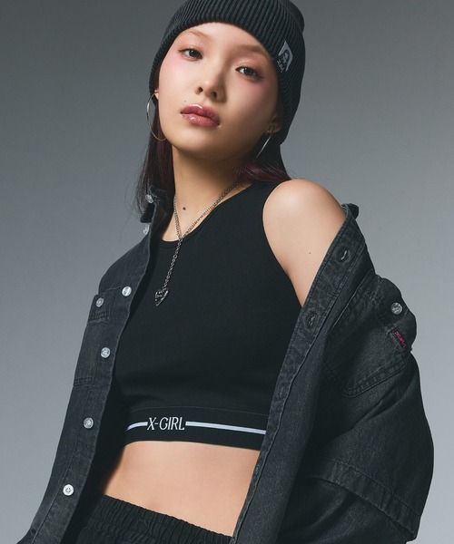X-girl タンクトップ ノースリーブ LOGO AND STRIPE TANK TOP