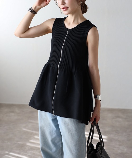 ベスト ジレ フロントダブルジップペプラムニットベスト レディース Bonjour Sagan ベスト ジレ フロントダブルジップペプラムニット