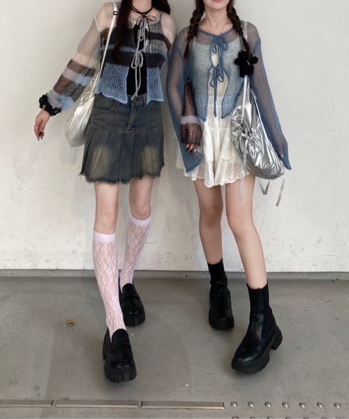 「nemne store」 ニットカーディガン MEDIUM ライトブルー レディース_画像3