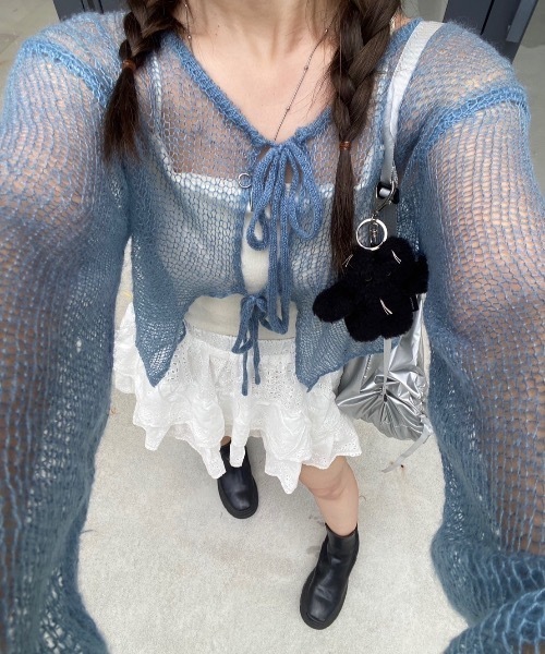「nemne store」 ニットカーディガン MEDIUM ライトブルー レディース_画像9