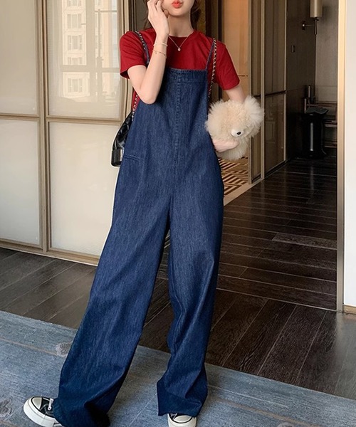 デニム バックリボン ジップアップ ワイド サロペット 0364 DAY CLOSET サロペット オーバーオール レディース バックリボン