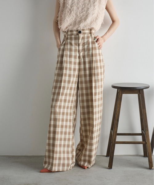 THE Yon パンツ チェックタックワイドパンツ レディース
