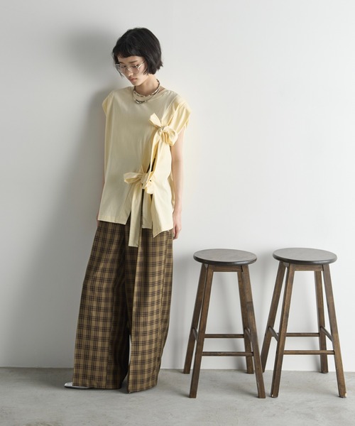 【関税込み】Kijun ベージュ チェック ワイドパンツ アソートタックワイドチェックパンツ（その他パンツ）｜Adoon