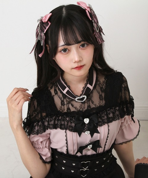 DearMyLove ブラウス シャツ ハートビジューリボンオフショル風