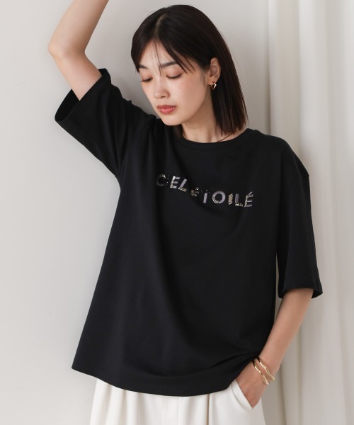 tシャツ コンパクトスムースビーズ刺繍ロゴＴシャツ レディース