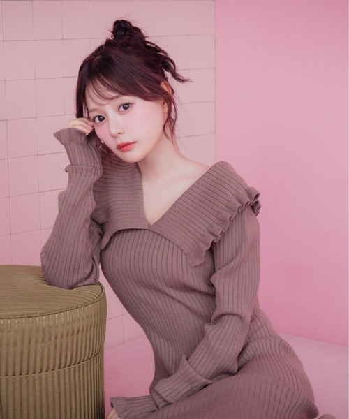DOLCELICHE ドットチュールフリルニットワンピース ピンク DOLCE LICHE ドットチュールフリルニットワンピース ピンク バイカラー