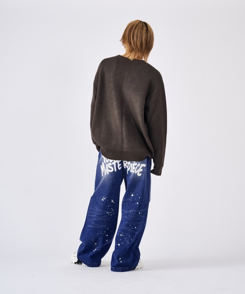 RE730 ワイドパンツ ジーンズ バックプリントデニムバギーパンツ 