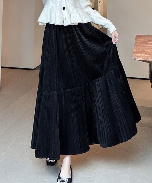 shoppinggo スカート プリーツスカートロング黒 無地スカート ひざ下
