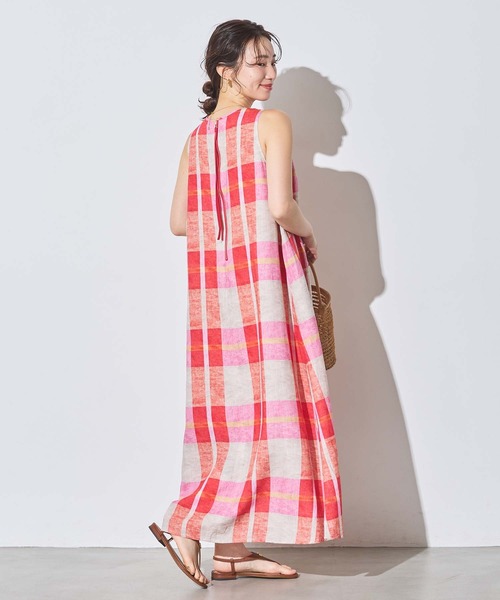 ワンピース リネンチェックノースリーブワンピの画像