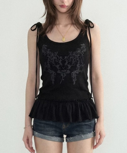 AVYL tシャツ 裾フリルデザインフード付きグラフィックタンクトップ