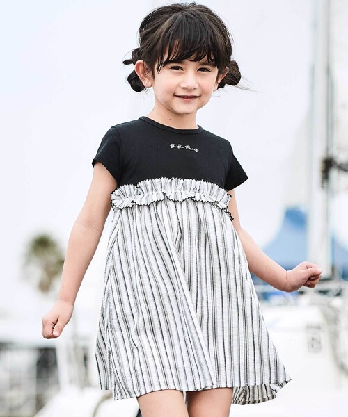 ワンピース 「お揃い」ナチュラルストライプ天竺切り替えウエストフリル半袖ワンピース(90~150cm) キッズ 子供服 男の子 女の子の画像