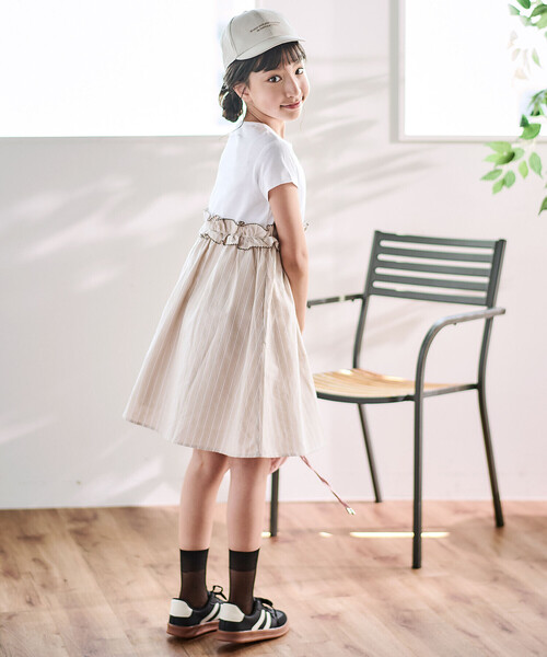 ワンピース 「お揃い」ナチュラルストライプ天竺切り替えウエストフリル半袖ワンピース(90~150cm) キッズ 子供服 男の子 女の子の画像