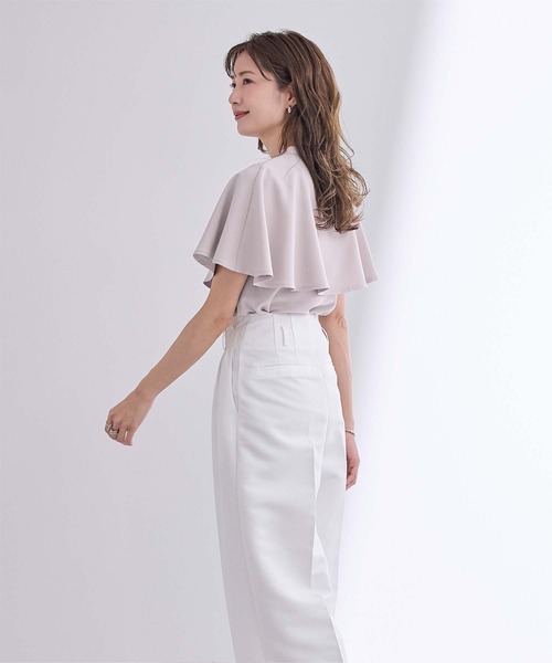 美品✨カデュネ ボウタイ ケープフリルブラウス バンドカラー 洗える 38 洗える／日本製】女性らしい細ボウタイブラウス （シャツ