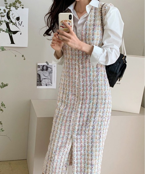 MILAE ジャンパースカート ツイードチェックワンピース ジャンスカ
