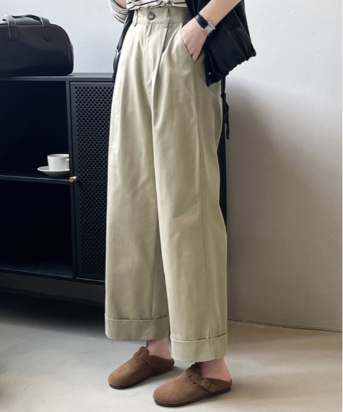 LACOSTE チノパン ダブルタックワイドスラックス レディース