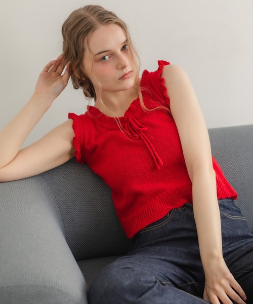 HEILIS ニット セーター 「新色追加」リボンフリルノースリーブ