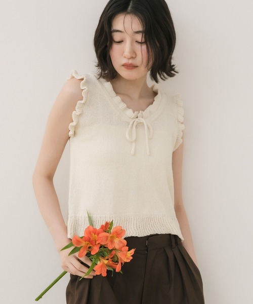 新作未使用【CLANE】フリル付きノースリーブサマーニット HEILIS（ヘイリス） サマーニット ニット セーター 「新色追加」リボン