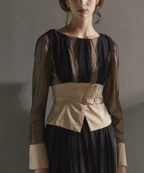 ブラウス シャツ Tulle overlap peplum blouse チュールオーバーラップペプラムブラウス レディース