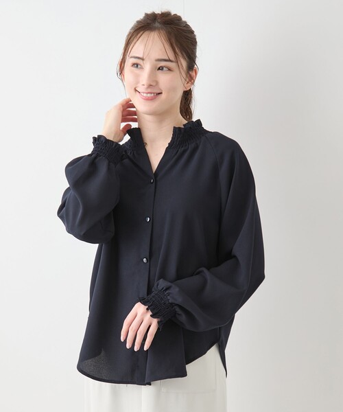ブラウス シャツ 前後２ＷＡＹ衿シャーリングブラウス レディース