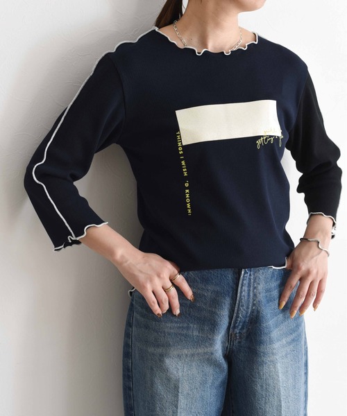tシャツ 箔バープリント テレコトップス レディース