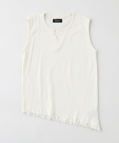 トップス Lamrof Boro Slanted Sleeveless - white tシャツ 「LAMROF / ラムロフ」BORO SLANTED SLEEVELESS メンズ