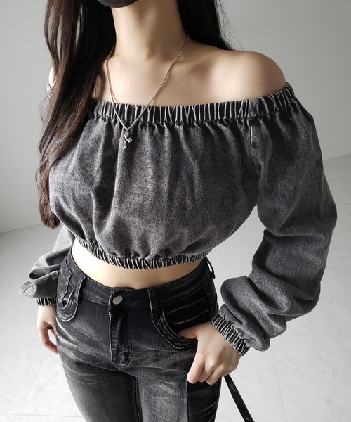 「 ２color 」ヴィンテージデニムギャザーオフショルトップス ／ vintage denim gathered off shoulder topS