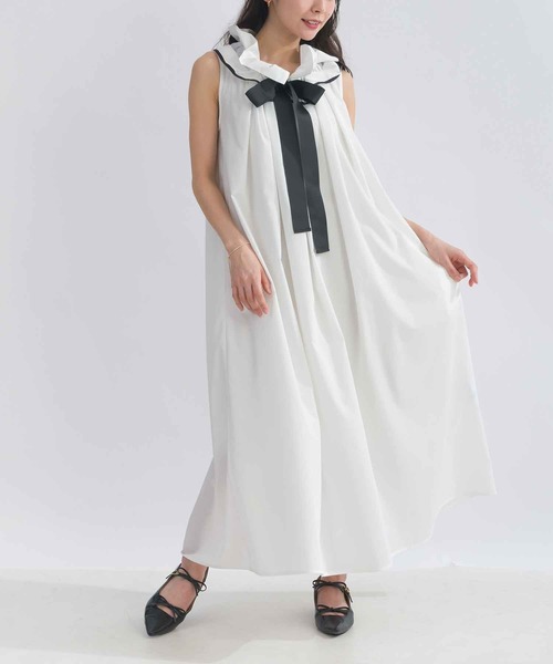 PICCIN PERLA ワンピース リボンタイフリルノースリーブワンピース