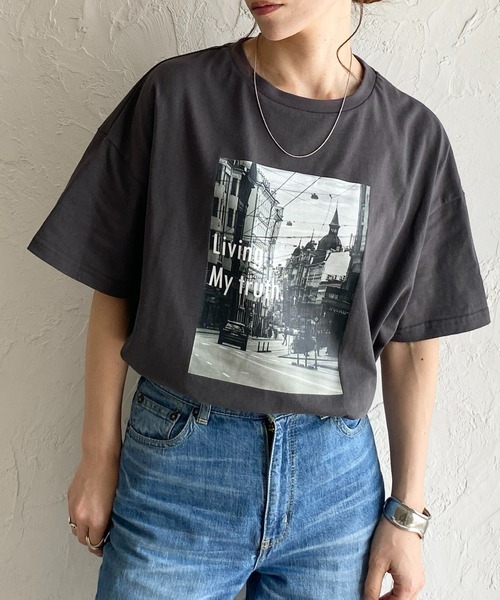 She's Closet tシャツ オーバーサイズ半袖ロゴフォト箔プリントT