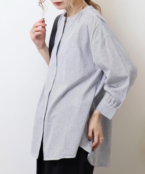 新品未使用✨nest robe ブラウス チュニック ストライプ 半袖 Free FUNALIVE ブラウス シャツ 丸首ストライプ7分袖チュニック
