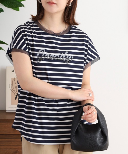 tシャツ EGLANTINE ビーズロゴ フレンチスリーブカットソー レディース
