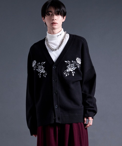 刺繍デザイン ブラック 長袖カーディガン Ellno Loset（エルノロゼット） カーディガン ローズ刺繍カーディガン