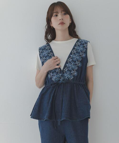 サロペット オーバーオール クロス刺繍ペプラムサロペット レディースの画像