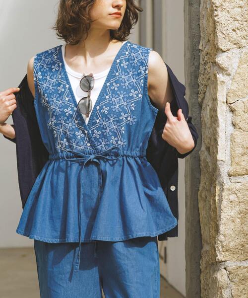 サロペット オーバーオール クロス刺繍ペプラムサロペット レディースの画像