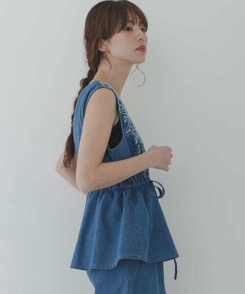 サロペット オーバーオール クロス刺繍ペプラムサロペット レディースの画像