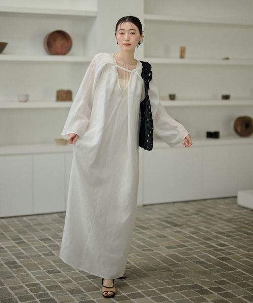ワンピース Drape front cotton blend long dress /コットンブレンド