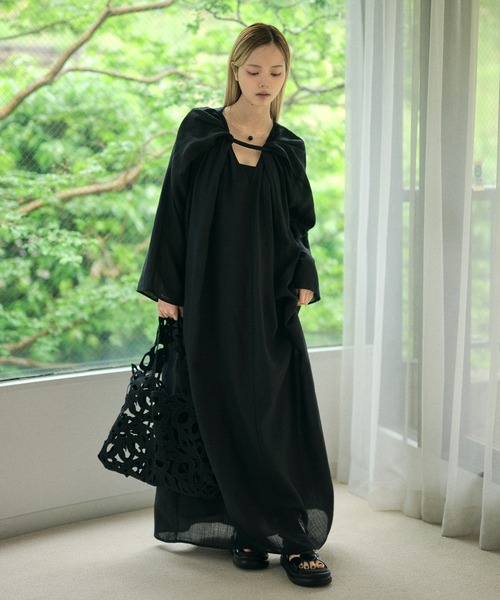 ワンピース Drape front cotton blend long dress /コットンブレンド