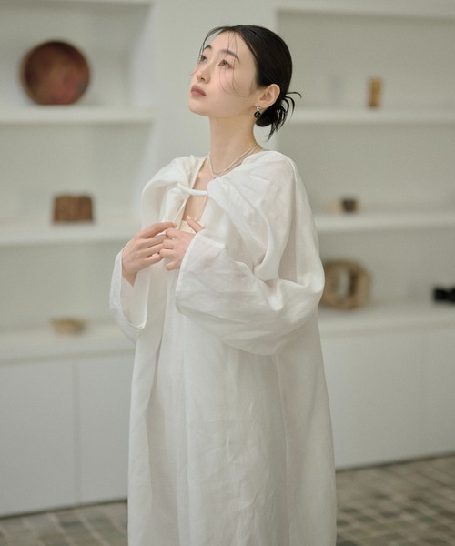 ワンピース Drape front cotton blend long dress /コットンブレンド