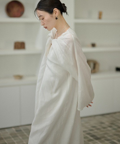ワンピース Drape front cotton blend long dress /コットンブレンド