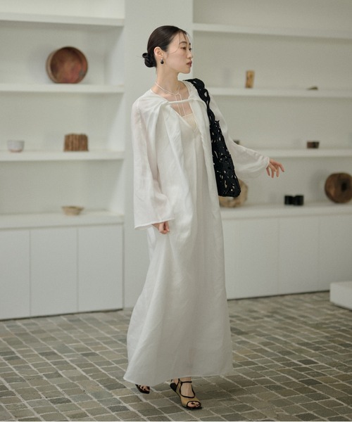 ワンピース Drape front cotton blend long dress /コットンブレンド
