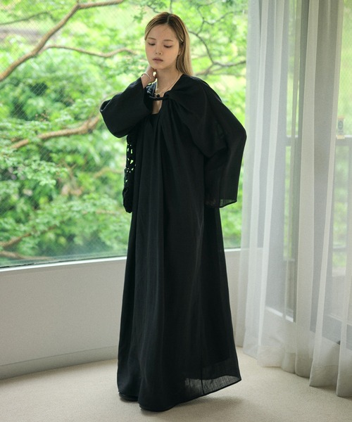 ワンピース Drape front cotton blend long dress /コットンブレンド