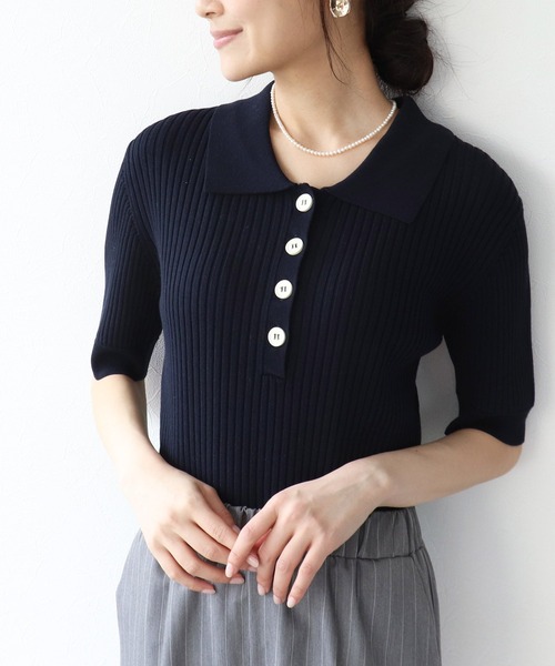 ニット半袖 Jines（ジネス） ニット セーター ポロ衿半袖ニット レディース