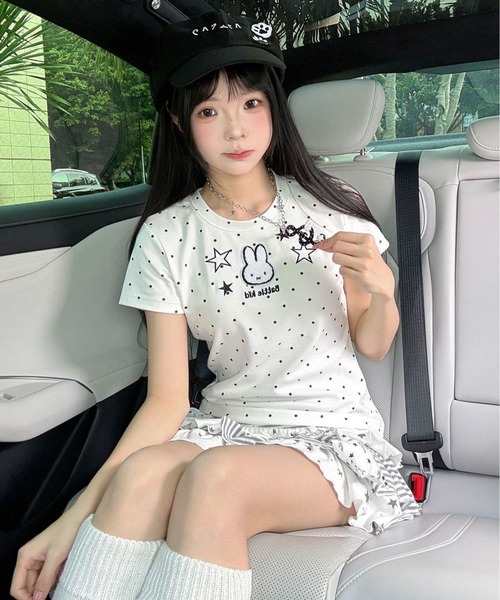 AsheKsha tシャツ 半袖 かわいい刺繍のウサギと水玉柄のラウンドネック