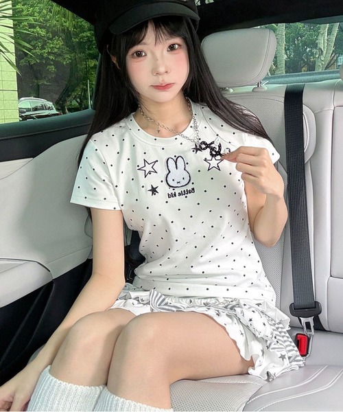 AsheKsha tシャツ 半袖 かわいい刺繍のウサギと水玉柄のラウンドネック