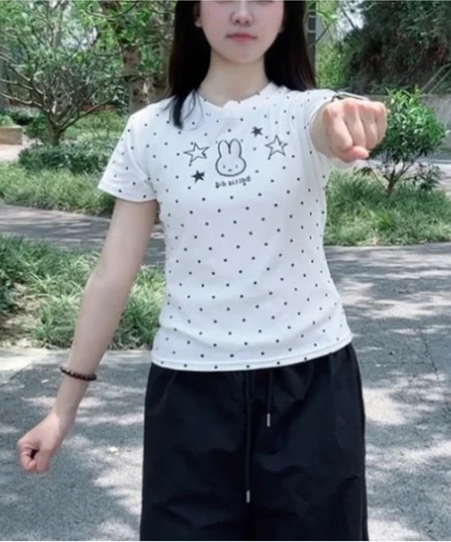 AsheKsha tシャツ 半袖 かわいい刺繍のウサギと水玉柄のラウンドネック