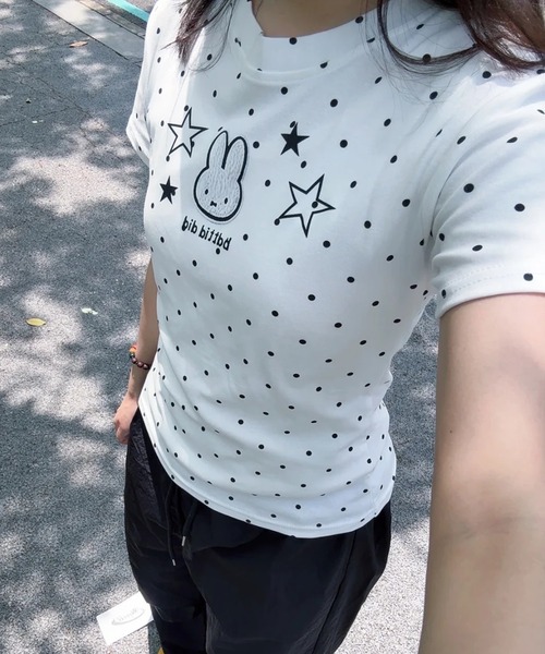 AsheKsha tシャツ 半袖 かわいい刺繍のウサギと水玉柄のラウンドネック